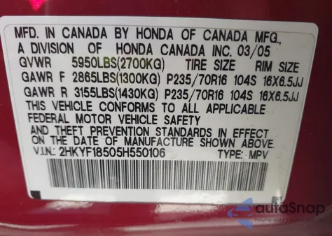 2005 Honda Pilot Ex-L z USA, uszkodzony, nr VIN 2HKYF18505H550106